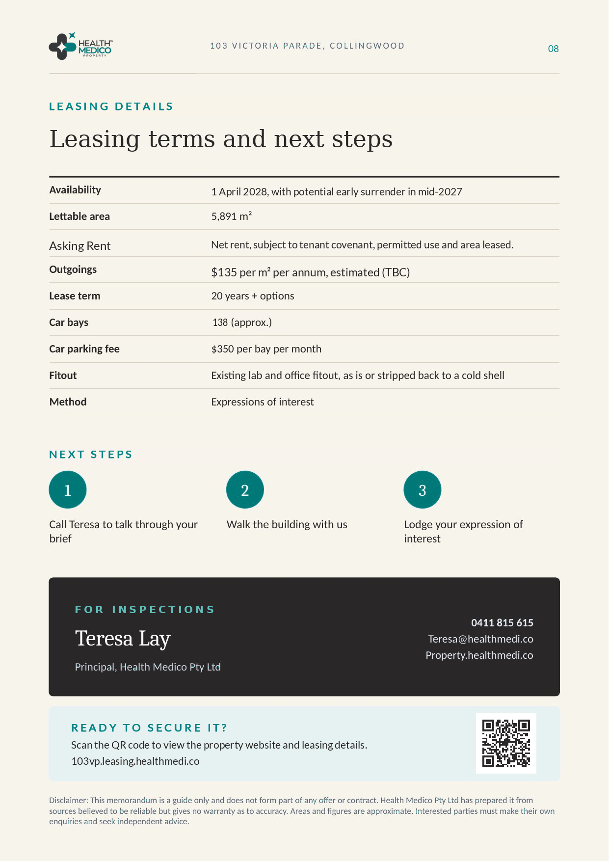 Page 8: Proposed lease terms and contact