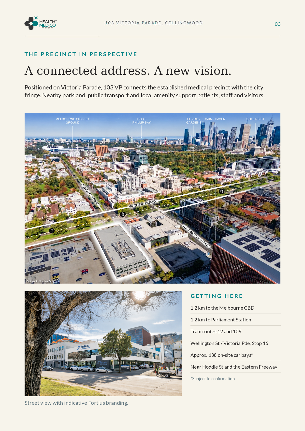 Page 3: Aerial context and proposed Fortius street view